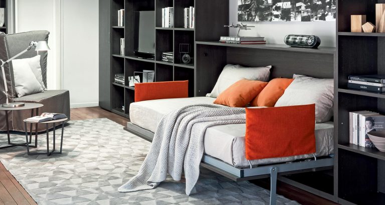 Letto a scomparsa orizzontale Gemini aperto con libreria